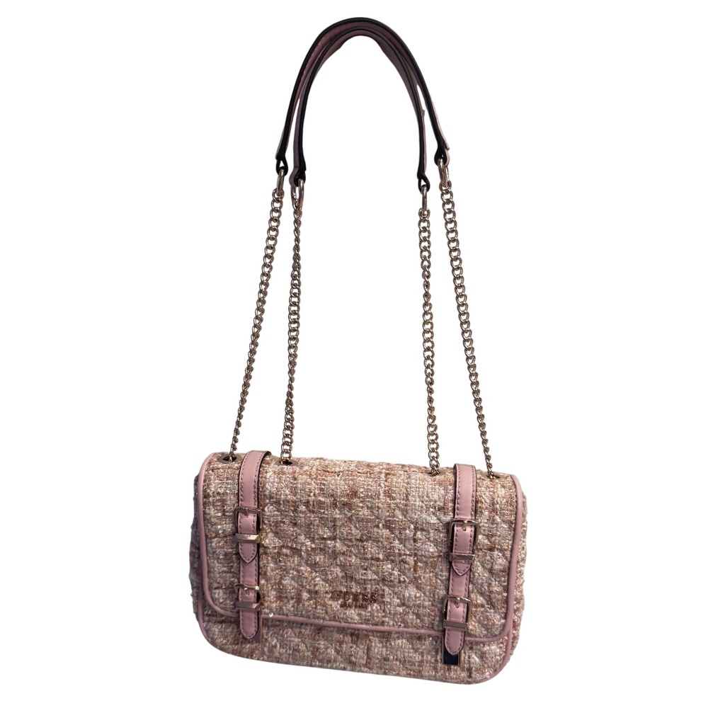 Guess Adam Tweed Shoulder Bag Crossbody Gold Tone Chain Pink Tan 10x6x2 EUC‎